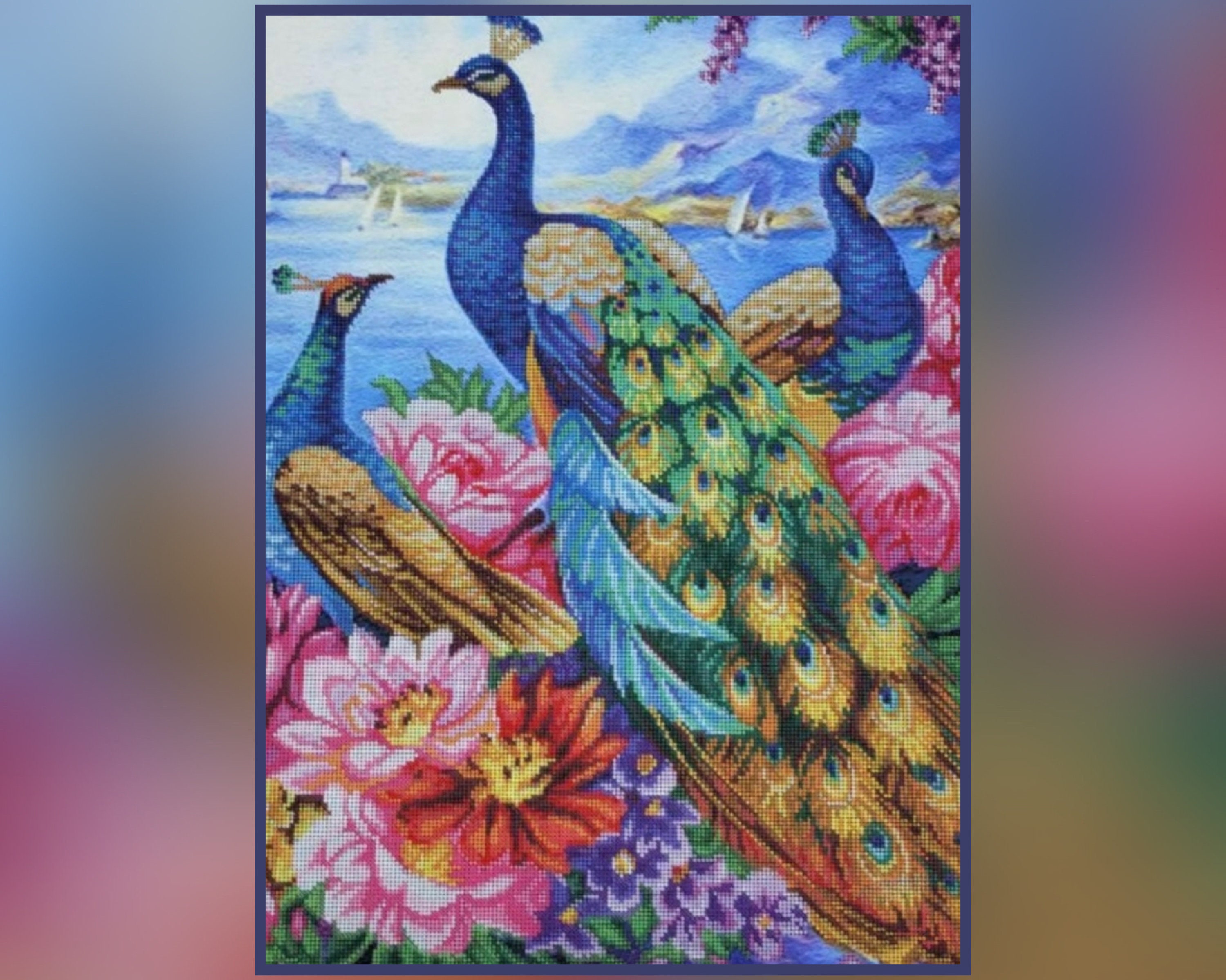 Peacocks DIY Bead Embroidery Craft Kit Birds Pattern, Large Beaded