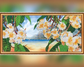 Large Beaded cross stitch picture kit, Tropical flowers DIY bead embroidery kit