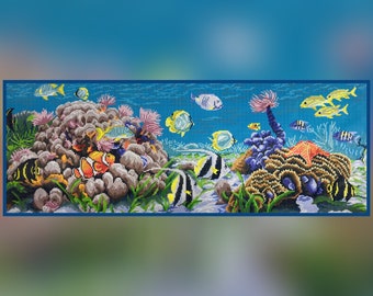 Full coverage Bead embroidery kit, tropical fishes beaded cross stitch kit, large embroidery bead kit