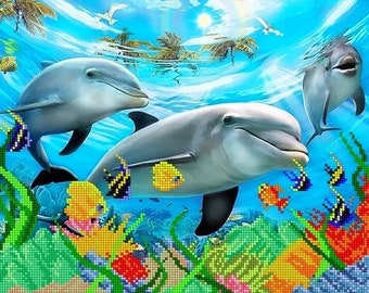 Dolphins DIY hand embroidery bead kit animal pattern, Small Simple Beaded cross stitch picture kit