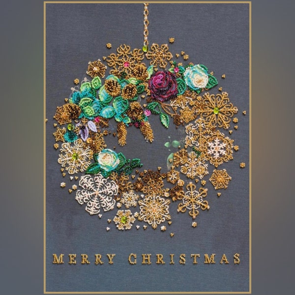 Merry Christmas DIY bead embroidery kit Xmas wreath pattern, small Beaded cross stitch picture kit