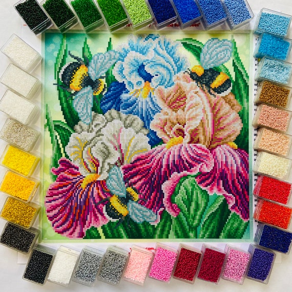 Large Bead Embroidery Kit Iris Flowers Pattern, Partial Embroidery