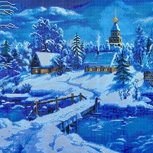 Large beaded cross stitch picture kit winter landscape pattern, Full coverage Bead embroidery kit