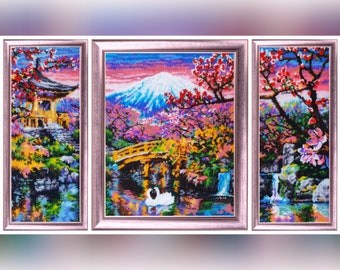 DIY kraalborduurpakket Sakurabloemen, Japans landschapspatroon kruissteek fotoset met kralen
