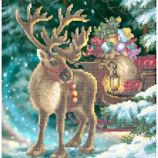 Small beaded cross stitch picture kit Christmas deer winter pattern, easy festive Bead embroidery craft kit