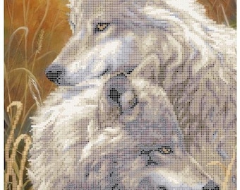 Large DIY Bead embroidery craft kit Grey wolves animal pattern printed on silk, Beaded cross stitch picture kit