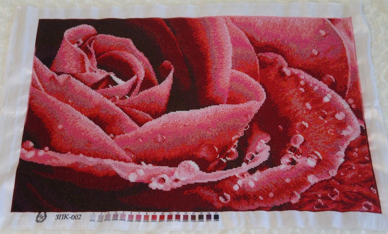 Large beaded cross stitch picture kit floral pattern, DIY Bead embroidery craft kit red rose image 2