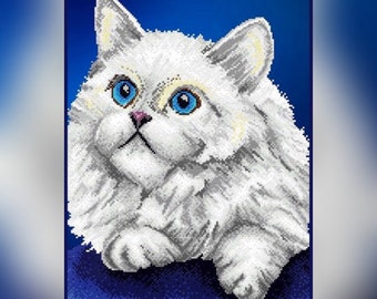 White cat large Beaded cross stitch picture kit animal pattern, full Bead embroidery craft kit