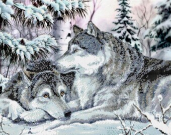 Wolf easy embroidery Beaded cross stitch picture kit, Large DIY bead embroidery kit