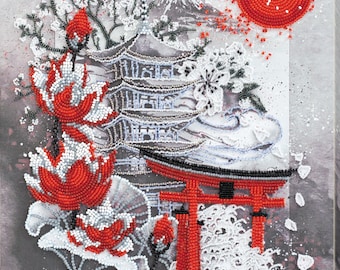 Abstract Bead embroidery kit Japanese Pagoda, Small Beaded cross stitch picture kit