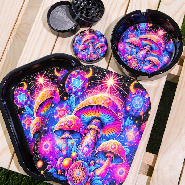 Mushroom Rolling Tray Set With Magnetic Lid Includes Glass Ashtray And Spice Crusher