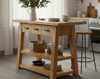 Reclaimed Oak Counter Height Island – Rustic Farmhouse Kitchen Table with Storage Shelves
