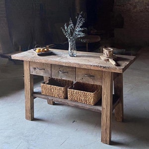 Reclaimed Wood Kitchen Island with Drawers – Rustic Farmhouse Counter Height Table