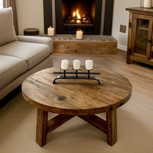 Round Oak Coffee Table Rustic, Rustic Round Coffee Table Wood, Rustic Reclaimed Oak Table Round Furniture Farmhouse
