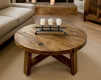 Mesa de centro redonda de roble rústica, mesa de centro redonda rústica de madera, mesa rústica de roble recuperada muebles redondos granja