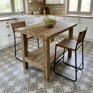 Reclaimed Oak Kitchen Island Table – Rustic Farmhouse Counter Height Table with Storage Shelf