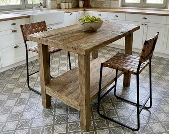 Reclaimed Oak Kitchen Island Table – Rustic Farmhouse Counter Height Table with Storage Shelf