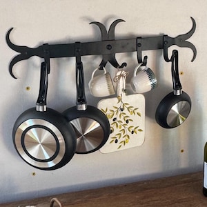 Hand Forged Wrought Iron Pot Rack – Rustic Farmhouse Wall Mounted Pan Holder