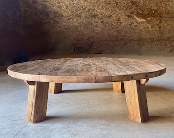 Tavolino rotondo in legno di recupero, gambe da tavolo in legno di fienile recuperato, tavolino rotondo, decorazioni rustiche per la casa