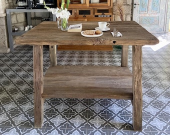 Handcrafted Reclaimed Oak Counter Height Table with Storage Shelf