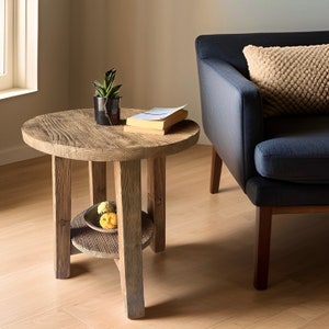 Rustic Round Side Table Living Room, Reclaimed Wood End Table with Shelf, Reclaimed Barn Wood Side Table