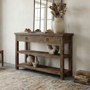 Handcrafted Reclaimed Oak Console Table, Solid Wood Entryway Table with 2 Drawers and Shelves