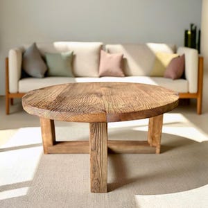 Rustic Round Coffee Table – Reclaimed Oak Low Table with Natural Texture for Japandi Living