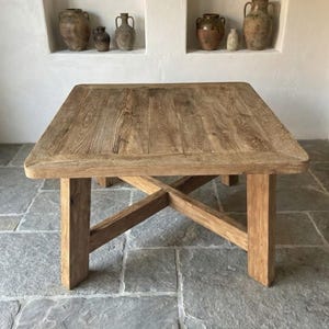 Square Solid Wood Dining Table – Wabi Sabi Organic Modern, Reclaimed Wood X-Leg