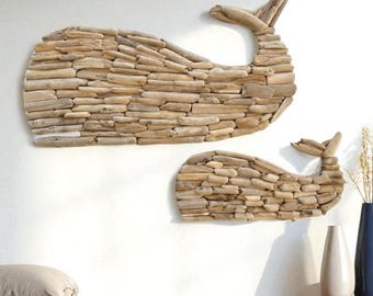 Driftwood Whale Wall Art: Mother and Baby, Nautical Beach Decor