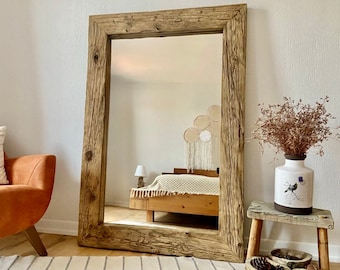 Miroir de sol rustique sur toute la longueur, miroir sur toute la longueur du sol, grand miroir de récupération rustique, décoration murale de chambre à coucher avec miroir en bois rustique