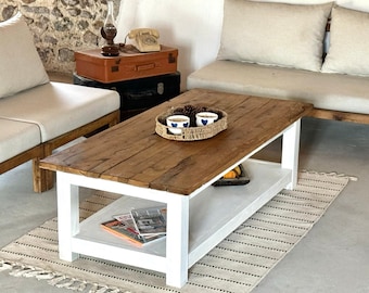 Mesa de centro rústica estilo granja, mesa de centro grande rústica, mesa de centro blanca con estante, mesa de centro rústica de roble recuperado
