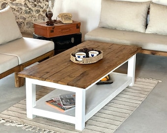 Rustic Farmhouse Style Coffee Table, Rustic Large Coffee Table, White Coffee Table with Shelf, Rustic Reclaimed Oak Coffee Table