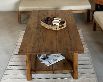 Rustic Long Coffee Table with Shelf, Reclaimed Oak Coffee Table, Barnwood Furniture, Rustic Farmhouse, Rectangle Large Coffee Table