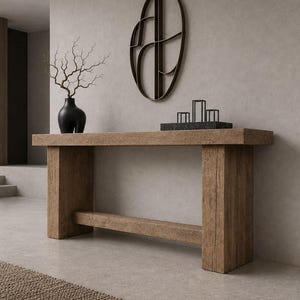 May include: A rectangular wooden console table with a thick top and two sturdy legs connected by a lower horizontal support beam. The table features a weathered brown finish and is positioned against a wall with a dark oval wall sculpture.