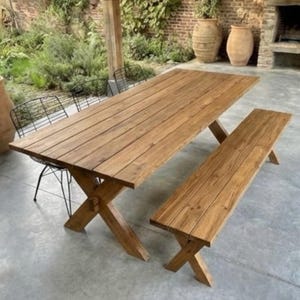 Rustic Reclaimed Oak Dining Table and Bench Set: Handcrafted X-Leg Outdoor Table