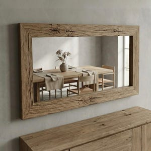 Könnte beinhalten: Ein großer rechteckiger Spiegel mit einem Rahmen aus verwittertem Holz. Der Spiegel reflektiert einen Esstisch mit einer Vase mit Blumen. Der Spiegel ist über einem Holzschrank montiert und schafft einen stimmigen Look.