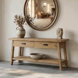 Handgemaakte bijzettafel van gerecycled eikenhout: rustieke opbergruimte met lades