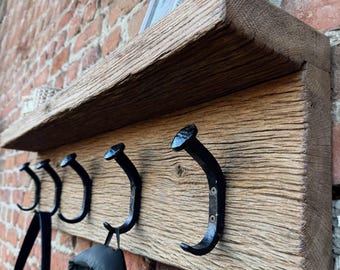 Rustic Wall Mounted Shelf – Reclaimed Oak Coat Rack with Iron Hooks