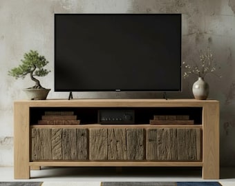 Modern Rustic Oak TV Stand with Reclaimed Wood Fronts – Handcrafted Media Console