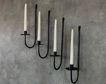 Bougeoir mural en fer noir forgé à la main - Applique en métal rustique pour bougies coniques