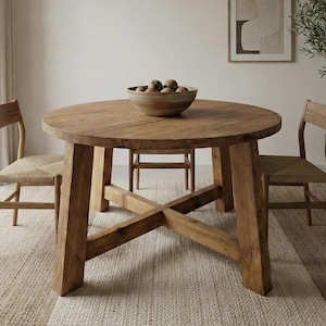 Tavolo da pranzo rotondo in rovere riciclato – Elemento centrale rustico in stile country per cucina e sala da pranzo.