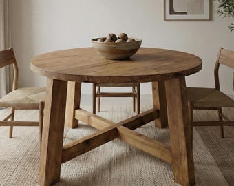 Reclaimed Oak Round Dining Table – Rustic Farmhouse Centerpiece for Kitchen & Dining Room