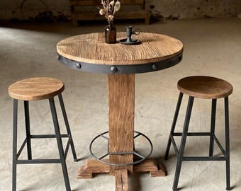 Round Reclaimed Wood Pub Table – Rustic Bar Height Table for Farmhouse & Bistro Spaces