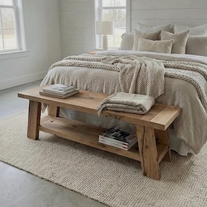 Handcrafted Reclaimed Oak End of Bed Bench, Modern Rustic Bedroom Storage Furniture image 1