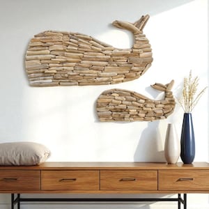 Driftwood Whale Wall Art: Mother and Baby, Nautical Beach Decor