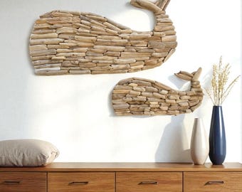 Driftwood Whale Wall Art: Mother and Baby, Nautical Beach Decor