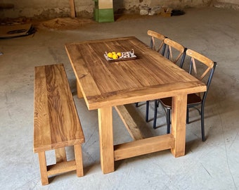 Boerderij eettafel set, teruggewonnen meubels eettafel rustiek, rustieke houten eettafel en bank, patio eettafel, barnwood tafel