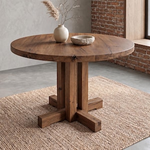 May include: A round wooden dining table with a thick, circular top and a sturdy, cross-shaped pedestal base. The table features a natural brown wood grain finish. On the surface sits a small, off-white ceramic vase with dried foliage.