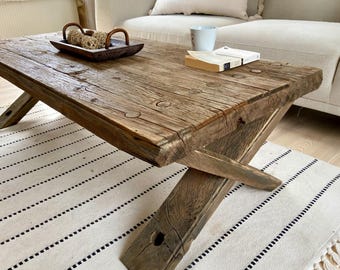 Reclaimed Barnwood Long Coffee Table – Handcrafted Rustic Oak Wabi Sabi Design