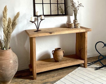 Table console en chêne de récupération, table console de ferme avec étagère, table console de canapé en bois, table console d'entrée rustique